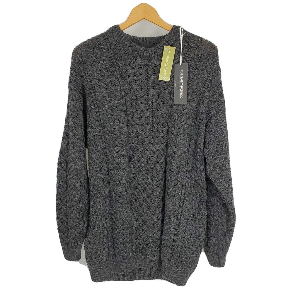 New Rue Saint Patrick Mens Fisherman Sweater Cable Gray Wool Ireland Size XXL